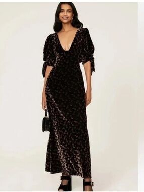 SEA New York Black Velvet Puff-Sleeve V-Neck Maxi Dress with Puff Sleeves